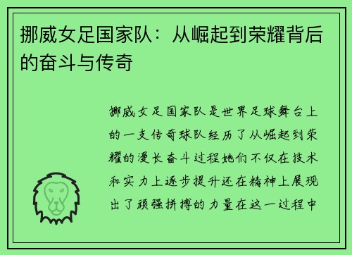 挪威女足国家队:从崛起到荣耀背后的奋斗与传奇 挪威女足国家队:从崛起到荣耀背后的奋斗与传奇