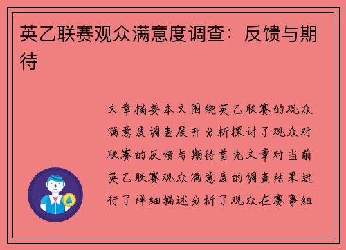 英乙联赛观众满意度调查：反馈与期待