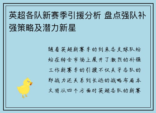 英超各队新赛季引援分析 盘点强队补强策略及潜力新星