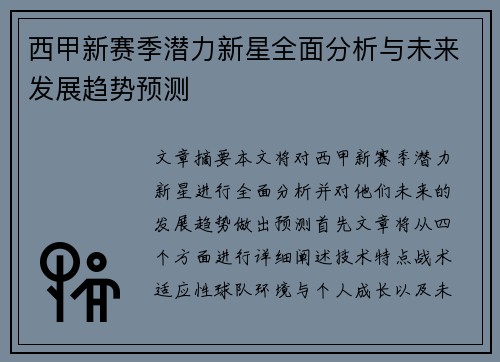 西甲新赛季潜力新星全面分析与未来发展趋势预测